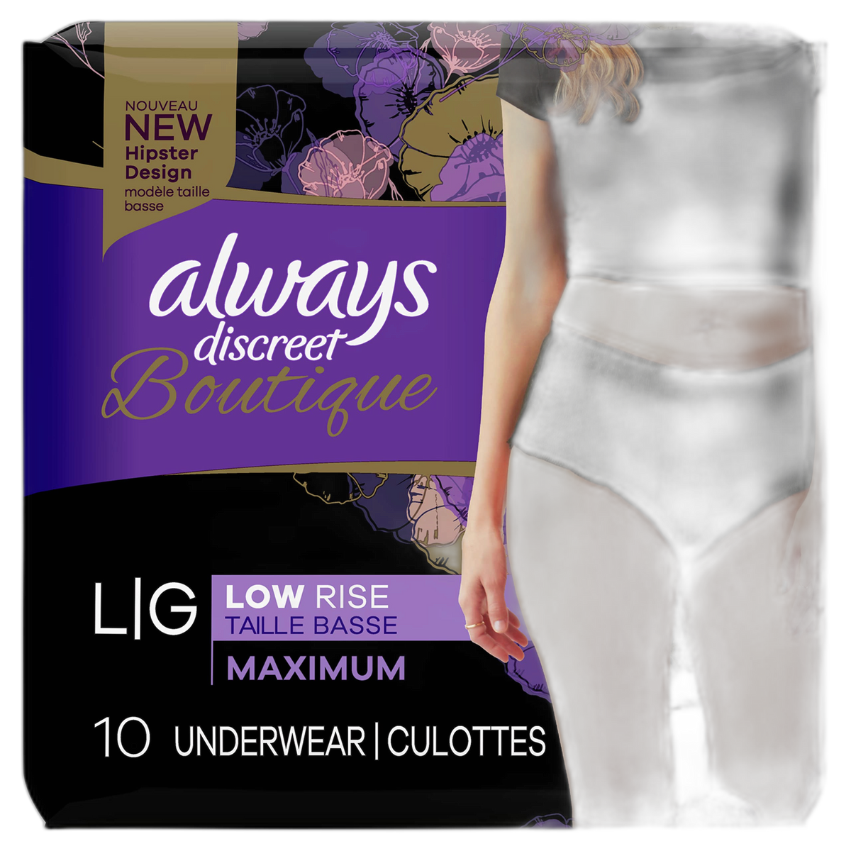Always Discreet Boutique Low-Rise Postpartum Incontinence Underwear Size L Maximum Absorbency, Up to 100% Leak Protection, Black, 10 Count