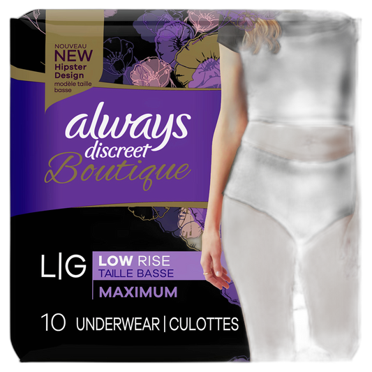 Always Discreet Boutique Low-Rise Postpartum Incontinence Underwear Size L Maximum Absorbency, Up to 100% Leak Protection, Black, 10 Count
