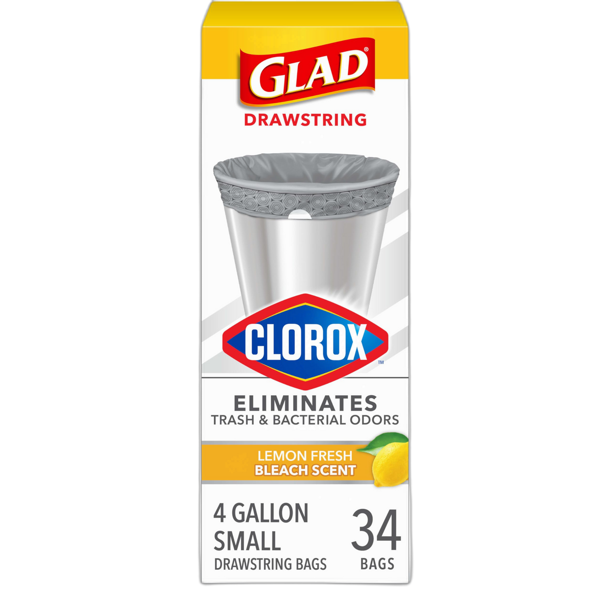 Glad Small Drawstring Trash Bags with Clorox, 4 Gal, Lemon Fresh Bleach, 34 Ct (Package May Vary)