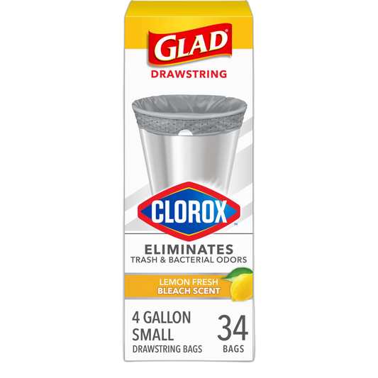 Glad Small Drawstring Trash Bags with Clorox, 4 Gal, Lemon Fresh Bleach, 34 Ct (Package May Vary)