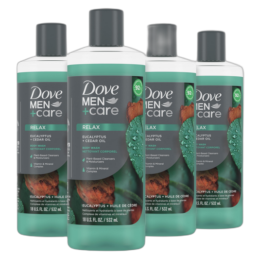 Dove Men+Care Body Wash Eucalyptus + Cedar Oil 4 Count to Rebuild Skin in the Shower with Plant-Based Cleansers and Moisturizers 18 oz