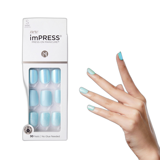 KISS imPRESS No Glue Mani Press On Nails, Design, 'Rain Check', Blue, Short Size, Squoval Shape, Includes 30 Nails, Prep Pad, Instructions Sheet, 1 Manicure Stick, 1 Mini File
