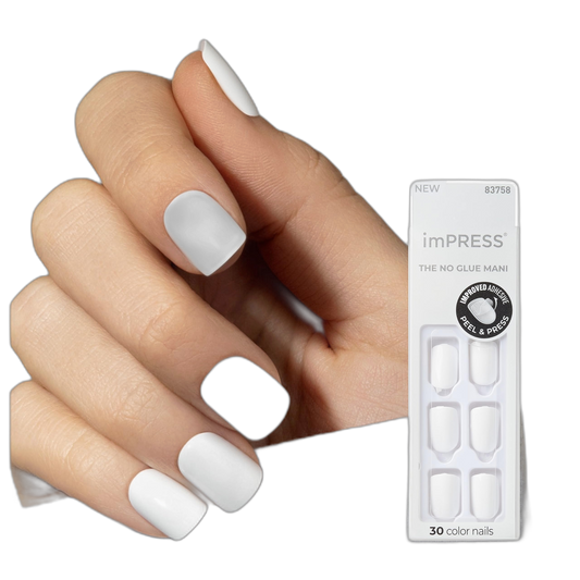 KISS imPRESS No Glue Mani Press On Nails, , 'Frosting', White, Short Size, Squoval Shape, Includes 30 Nails, Prep Pad, Instructions Sheet, 1 Manicure Stick, 1 Mini File