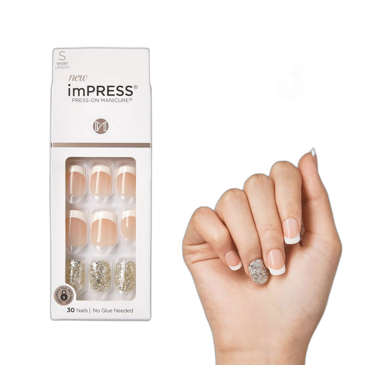 KISS imPRESS Press-On Manicure, Nail Kit, PureFit Technology, Short Press-On Nails, 'Time Slip', Includes Prep Pad, Mini Nail File, Cuticle Stick, and 30 Fake Nails