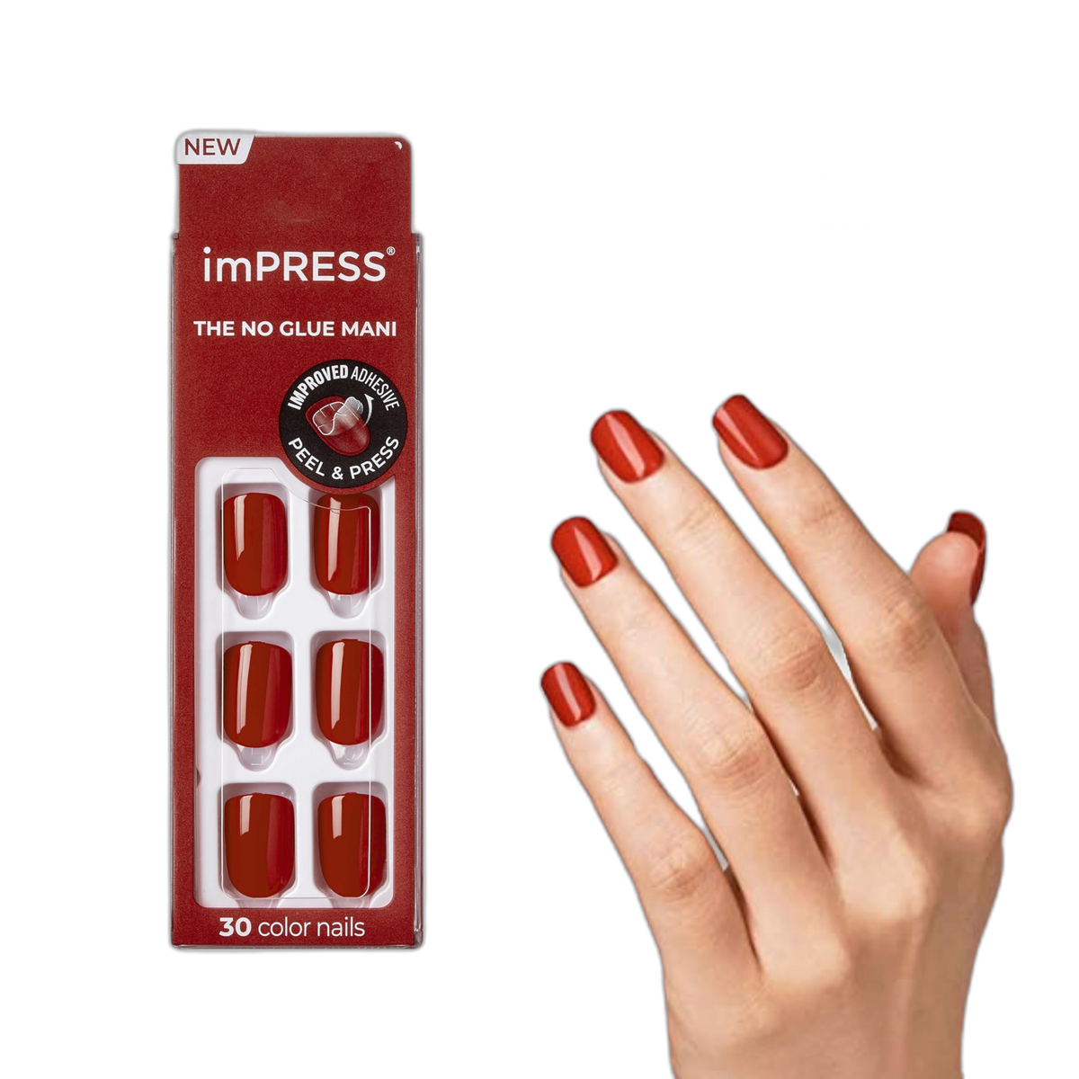 KISS imPRESS Color Polish-Free Solid Color Press-On Nails, PureFit Technology, Short Length, 'Reddy or Not', Includes Prep Pad, Mini Nail File, Cuticle Stick and 30 Fake Nails