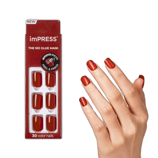 KISS imPRESS Color Polish-Free Solid Color Press-On Nails, PureFit Technology, Short Length, 'Reddy or Not', Includes Prep Pad, Mini Nail File, Cuticle Stick and 30 Fake Nails