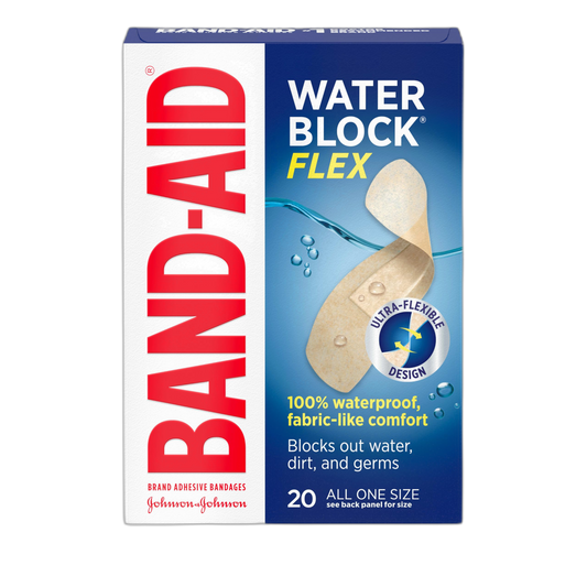Band-Aid Brand Water Block Flex 100% Waterproof Adhesive Bandages for First-Aid Wound Care of Minor Cuts, Scrapes & Wounds, Ultra-Flexible Design, Sterile, All One Size, 20 ct
