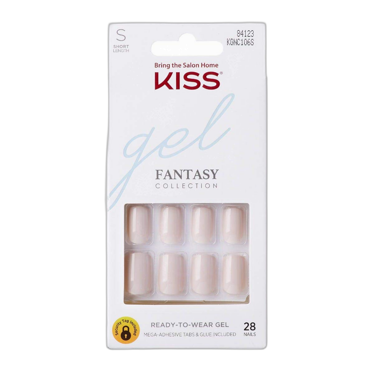 KISS Gel Fantasy Ready-to-Wear Press-On Gel Nails, “Here I Am”, Short, White, Nail Kit with 24 Mega Adhesive Tabs, Pink Gel Glue, Manicure Stick, Mini File, and 28 Fake Nails