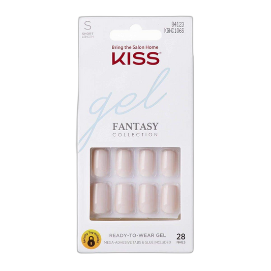 KISS Gel Fantasy Ready-to-Wear Press-On Gel Nails, “Here I Am”, Short, White, Nail Kit with 24 Mega Adhesive Tabs, Pink Gel Glue, Manicure Stick, Mini File, and 28 Fake Nails