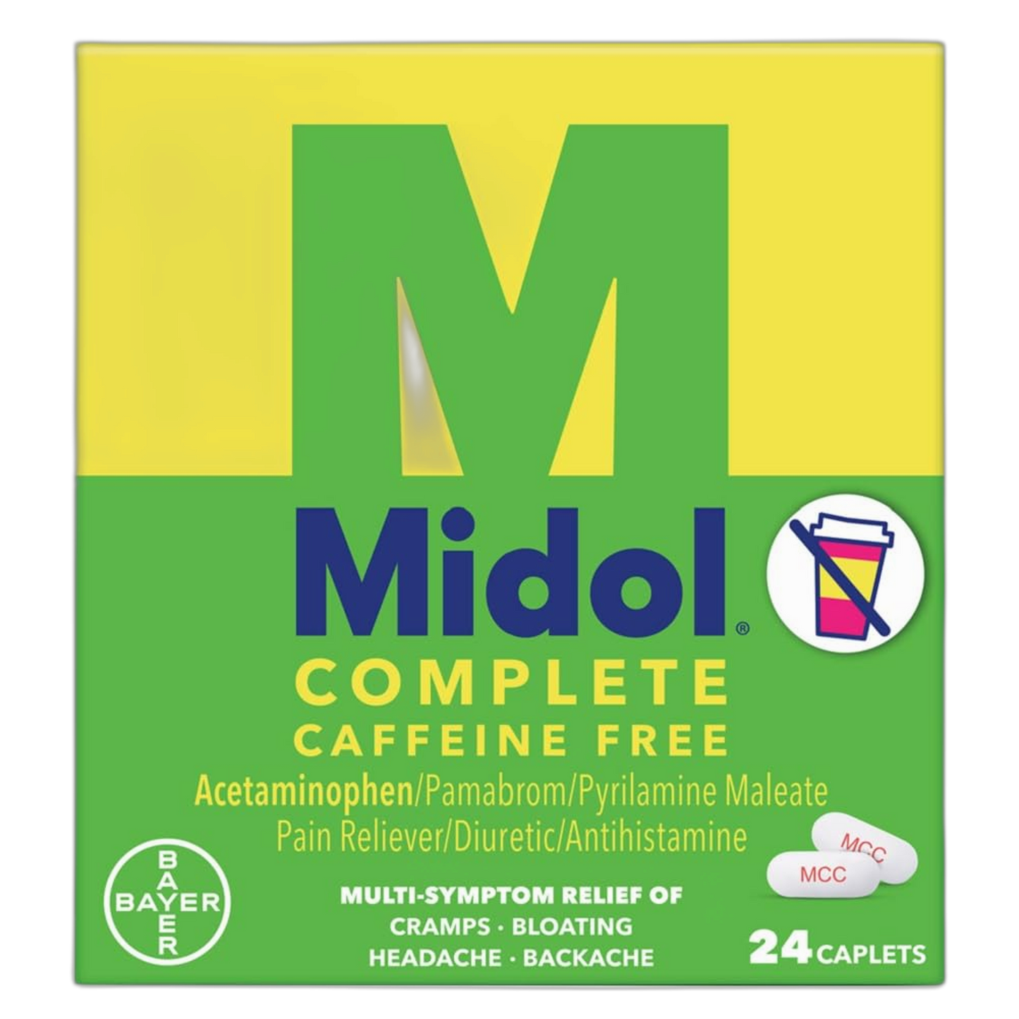 Midol Complete Caffeine Free Caplets 24ct: Midol Complete Caffeine Free Menstrual Pain Relief Caplets with Acetaminophen, Provides Headache Relief and Period Cramps Relief, 24 Count
