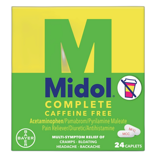 Midol Complete Caffeine Free Caplets 24ct: Midol Complete Caffeine Free Menstrual Pain Relief Caplets with Acetaminophen, Provides Headache Relief and Period Cramps Relief, 24 Count