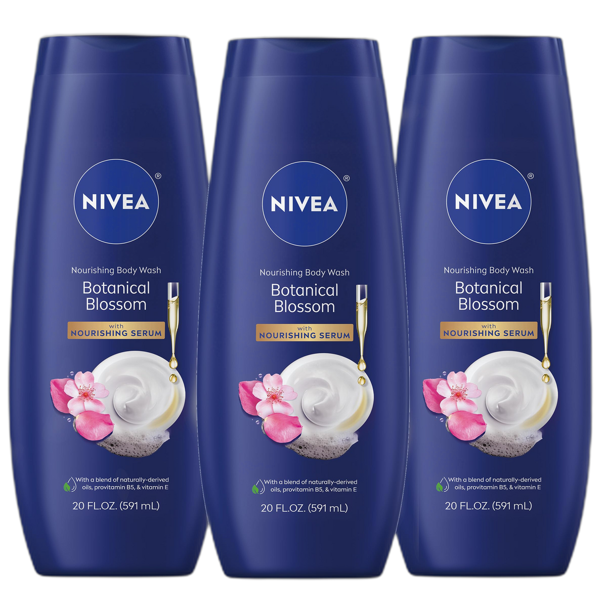 NIVEA Nourishing Botanical Blossom Body Wash with Nourishing Serum, Moisturizing Body Wash for Women, Enriched with Provitamin B5 and Vitamin E, 20 Fl Oz Bottle, 3 Pack
