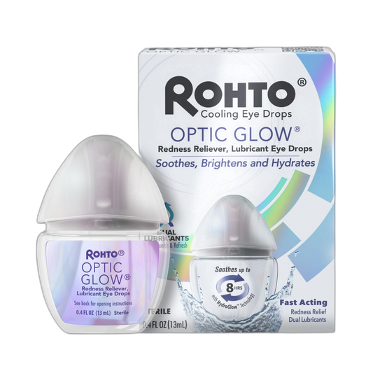 Rohto Optic Glow Whitening, Lubricant Eye Drops, Whitens, Brightens, and Hydrates Red Eyes, Fast-Acting Formula, Sterile Eye Drops, 0.4 fl oz Bottle