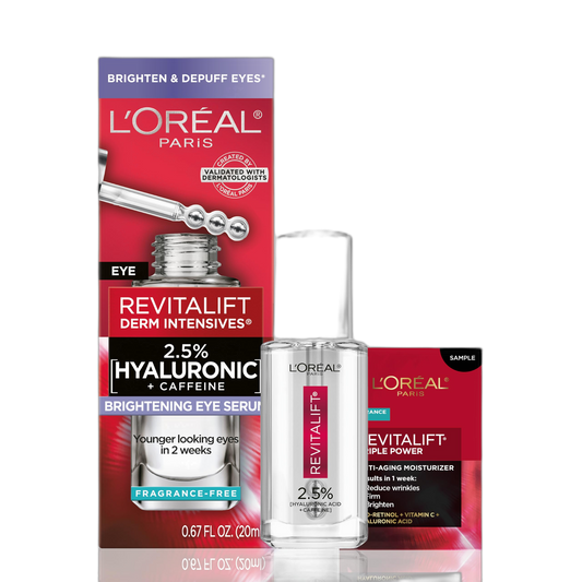 L'Oreal Paris Revitalift Hyaluronic Acid + Caffeine Hydrating Eye Serum for Dark Circles, Fragrance Free .67 fl. oz + Moisturizer Sample