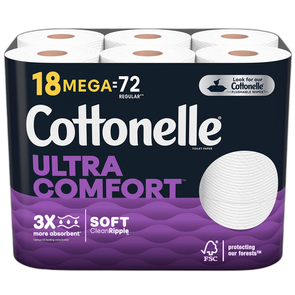 Cottonelle Ultra Comfort Toilet Paper, Strong Toilet Tissue, 18 Mega Rolls (18 Mega Rolls = 72 Regular Rolls), 268 Sheets per Roll, Packaging May Vary White