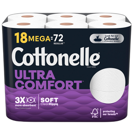 Cottonelle Ultra Comfort Toilet Paper, Strong Toilet Tissue, 18 Mega Rolls (18 Mega Rolls = 72 Regular Rolls), 268 Sheets per Roll, Packaging May Vary White