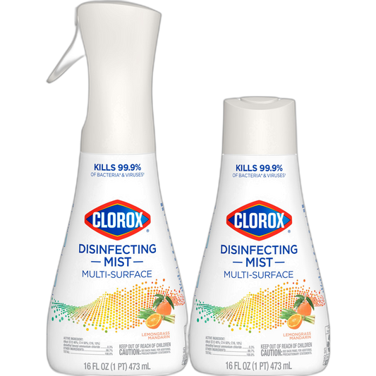 Clorox Disinfecting Mist, Lemongrass Mandarin, Household Essentials, 1 Sprayer Bottle and 1 Refill, 16 Fl Oz Each