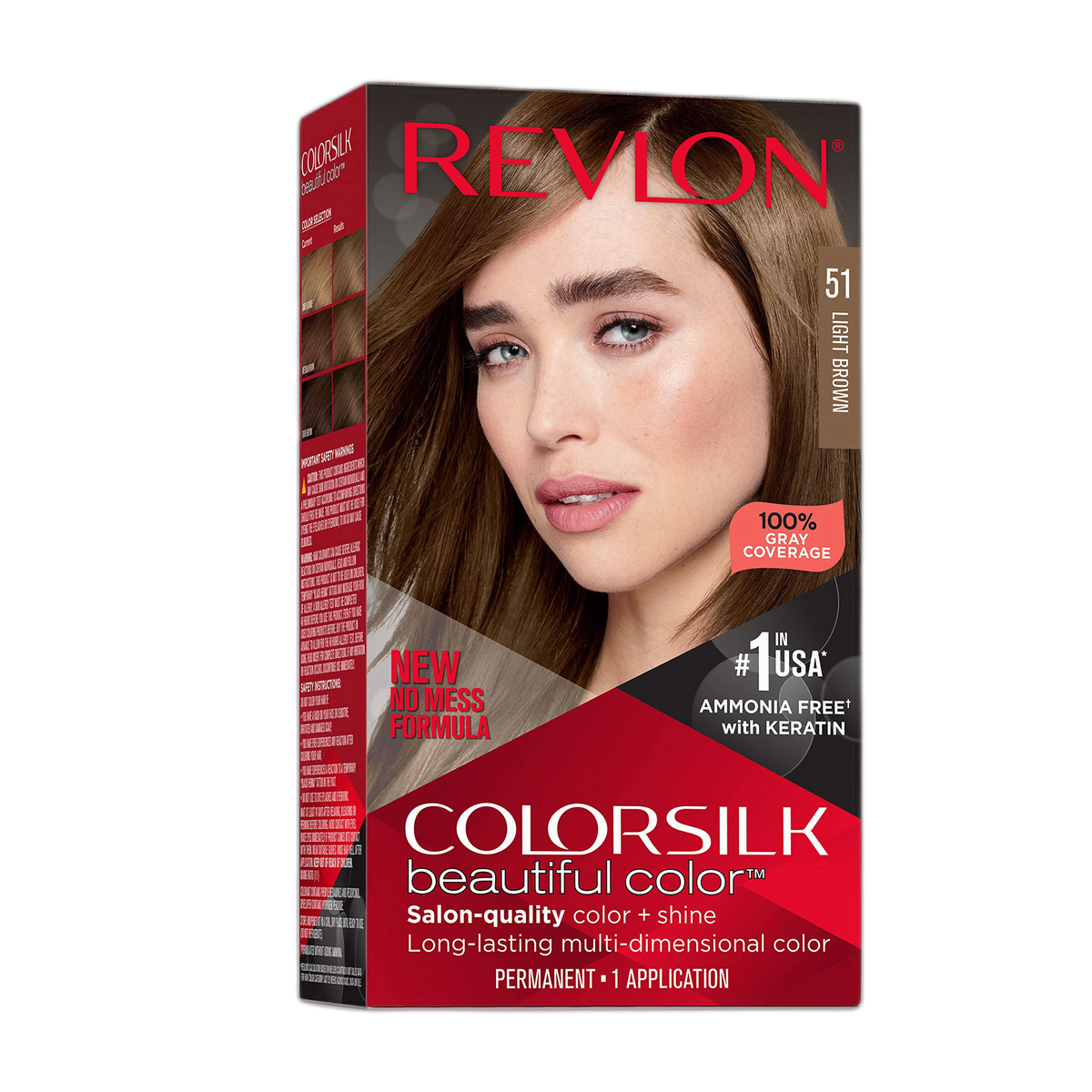 Revlon Colorsilk Beautiful Color Permanent Hair Color, Long-Lasting High-Definition Color, Shine & Silky Softness with 100% Gray Coverage, Ammonia Free, 051 Light Brown, 1 Pack