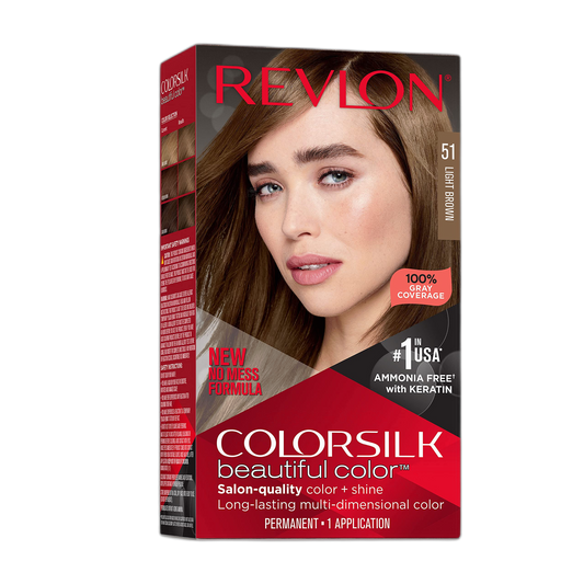 Revlon Colorsilk Beautiful Color Permanent Hair Color, Long-Lasting High-Definition Color, Shine & Silky Softness with 100% Gray Coverage, Ammonia Free, 051 Light Brown, 1 Pack