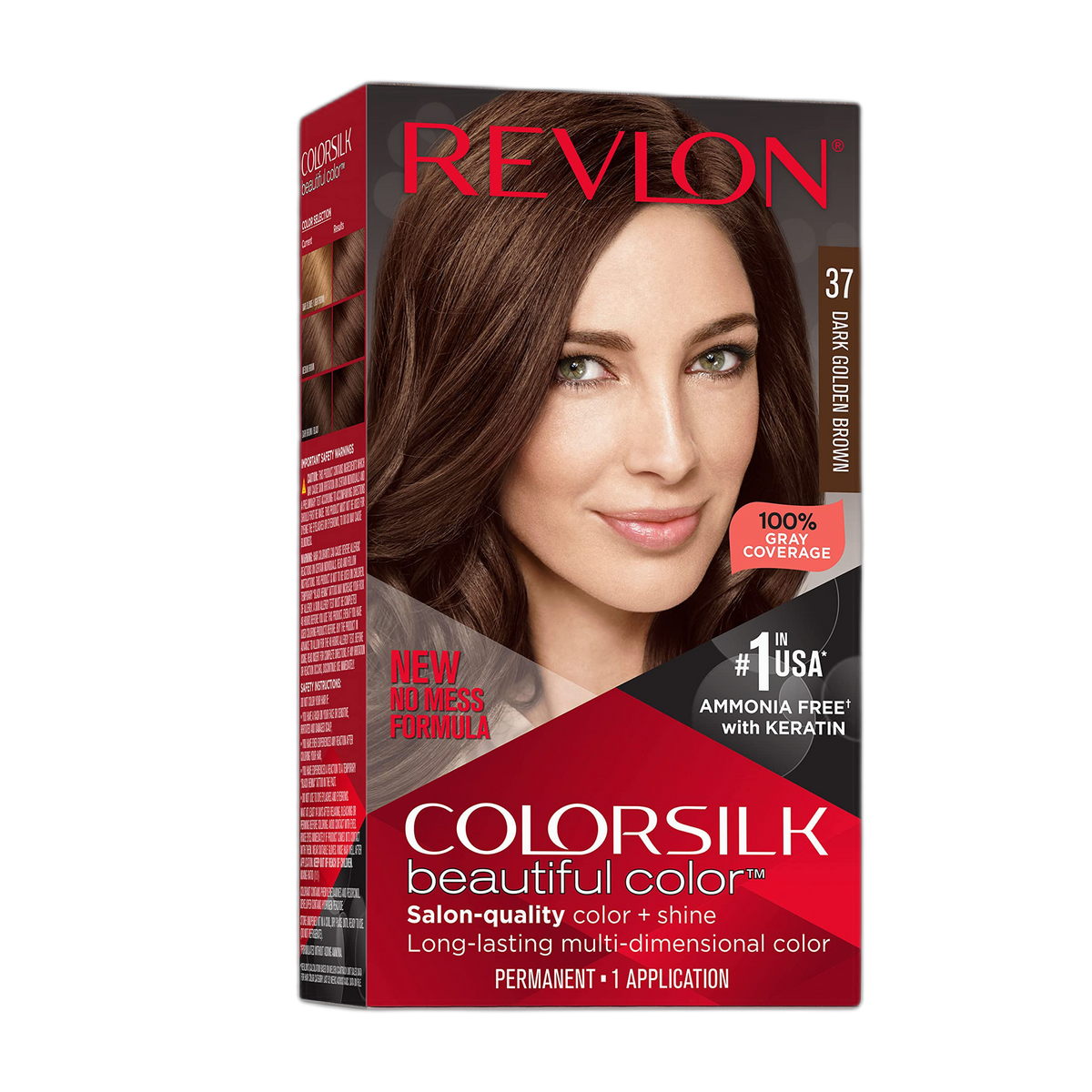 Revlon Colorsilk Beautiful Color Permanent Hair Color, Long-Lasting High-Definition Color, Shine & Silky Softness with 100% Gray Coverage, Ammonia Free, 037 Dark Golden Brown, 1 Pack