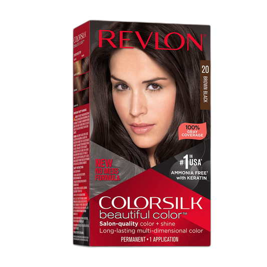 Revlon Colorsilk Beautiful Color Permanent Hair Color, Long-Lasting High-Definition Color, Shine & Silky Softness with 100% Gray Coverage, Ammonia Free, 020 Brown Black, 1 Pack