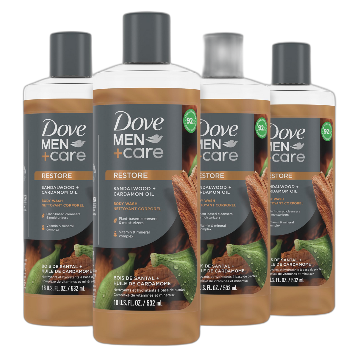 Dove Men+Care Body Wash Sandalwood + Cardamom Oil 4 Count to Rebuild Skin in the Shower with Plant-Based Cleansers and Moisturizers 18 oz