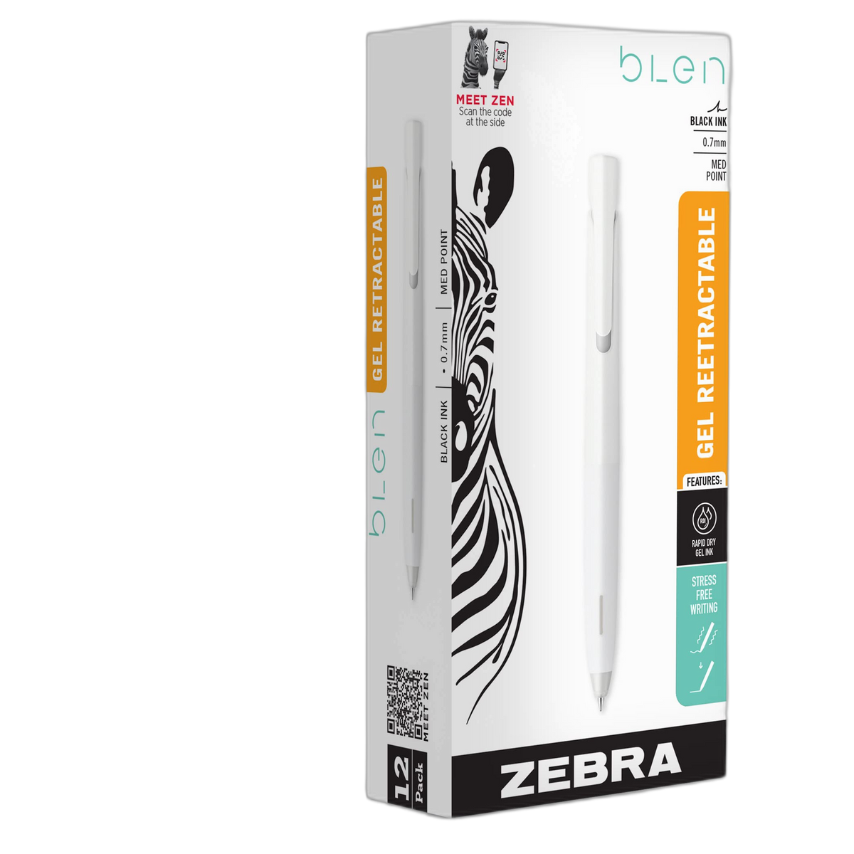 Zebra Pen bLen Retractable Gel Pen, White Barrel, Medium Point, 0.7mm, Black Ink, 12-Pack (41400)