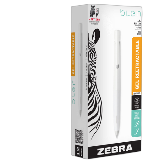 Zebra Pen bLen Retractable Gel Pen, White Barrel, Medium Point, 0.7mm, Black Ink, 12-Pack (41400)
