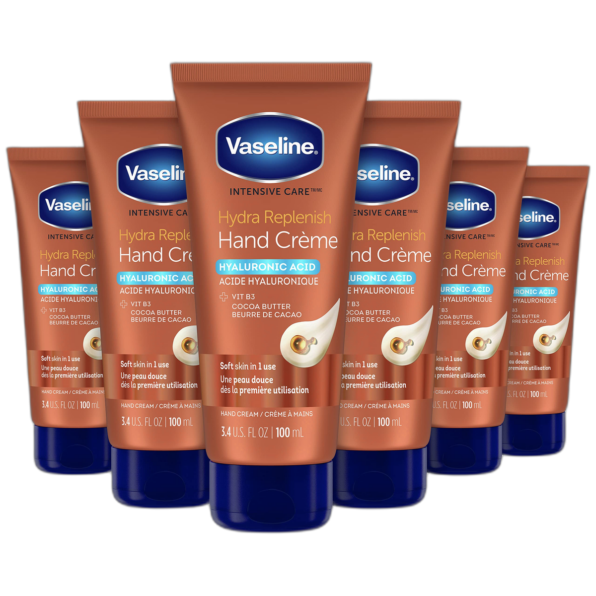 Vaseline Intensive Care Hand Crème Moisturizer for Dry Hands Hydra Replenish Made with hyaluronic acid, vitamin B3, and cocoa butter 3.4 oz 6 Count