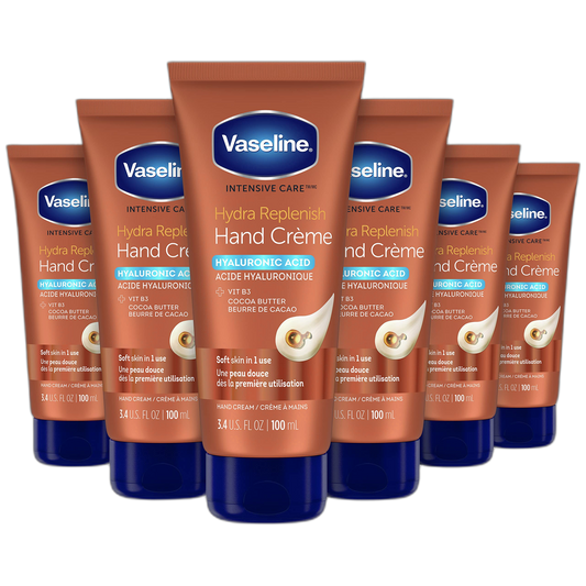 Vaseline Intensive Care Hand Crème Moisturizer for Dry Hands Hydra Replenish Made with hyaluronic acid, vitamin B3, and cocoa butter 3.4 oz 6 Count
