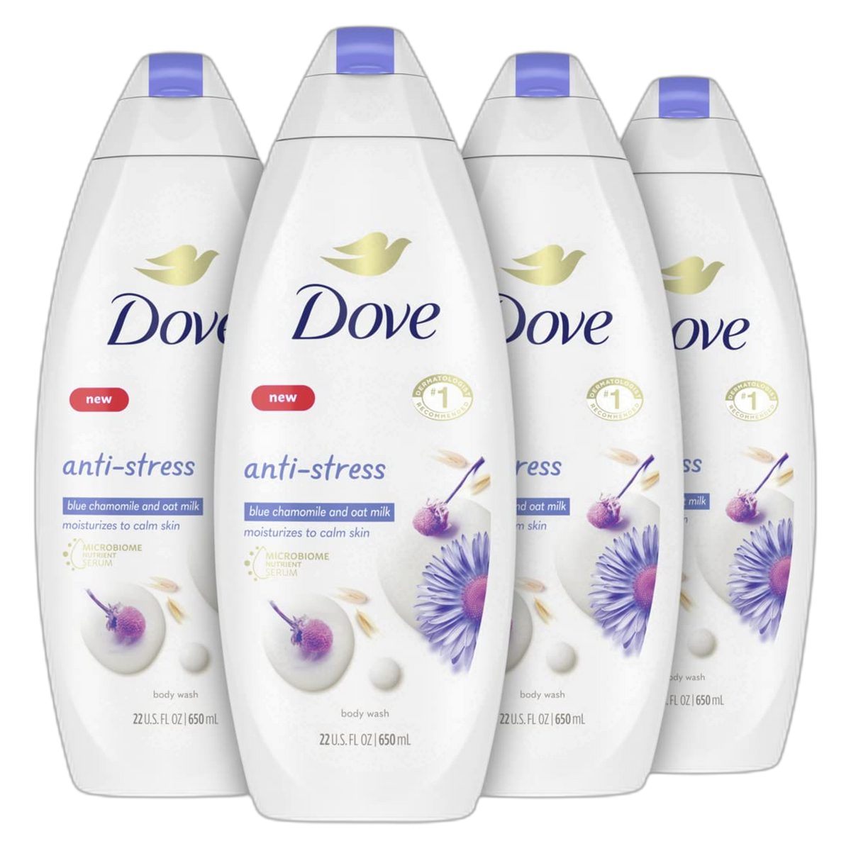 Dove Moisturizing Body Wash Sulphate Free Body Wash Moisturizes to Calm Skin Anti-Stress Body Cleanser with Blue Chamomile and oat milk scent 22oz 4 Count