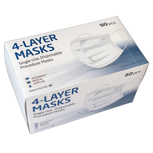 WMS 4-Layer Face Masks, Wisconsin Medical Supplies, MADE IN USA, 1 Pack (50 Masks) White