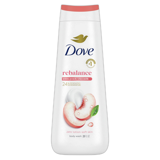Dove Body Wash Rebalance White Peach & Rice Milk For 24hr Lotion-Soft Skin Moisturizing Skin Cleanser with No Sulfates No Parabens 20 oz