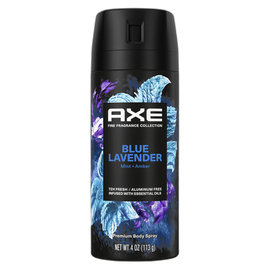 AXE Fine Fragrance Collection Premium Deodorant Body Spray for Men Blue Lavender with 72H Odor Protection and Freshness Infused with Lavender, Mint, and Amber Essential Oils 4 oz