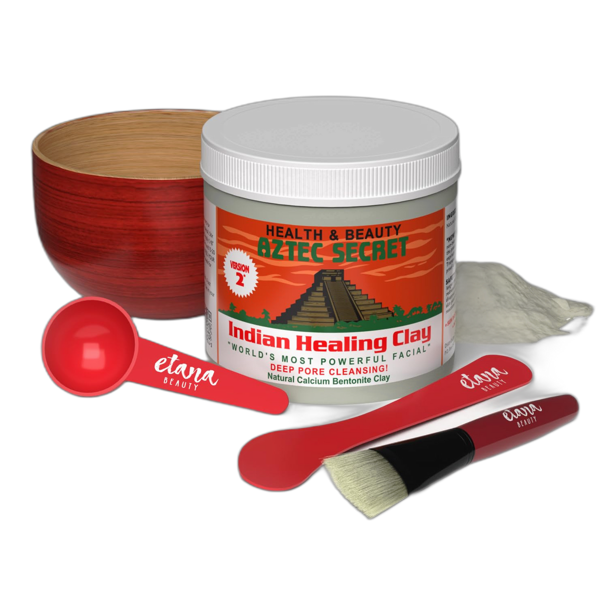 Aztec Secret Essential Indian Clay Mask Kit by Etana – 100% Natural Calcium Bentonite for Deep Pore Cleansing - Facial, Hair & Body Detox Set With Accessories