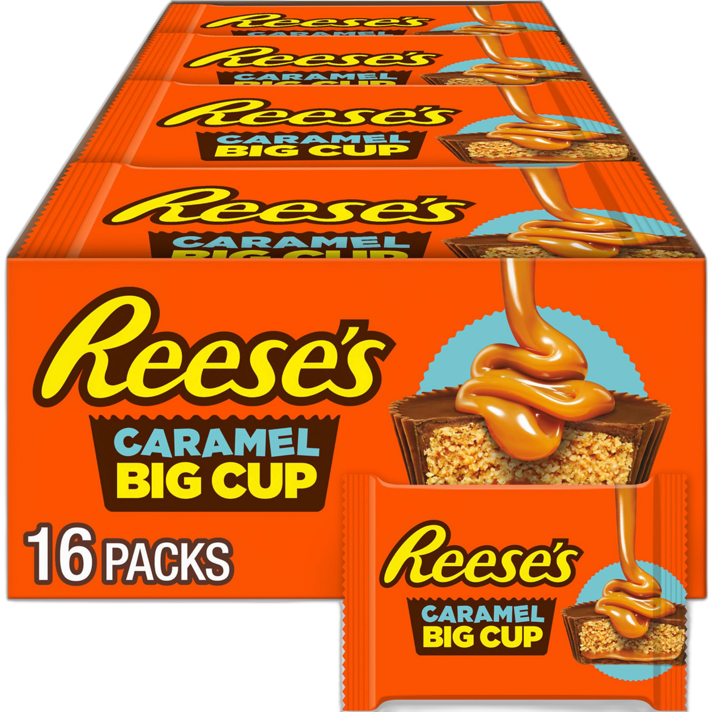 REESE'S Big Cup Caramel Milk Chocolate Peanut Butter Cups, Candy Packs, 1.4 oz (16 Count)