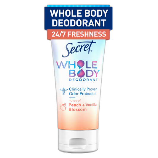 Secret Whole Body Deodorant Cream for Women, Peach & Vanilla Blossom Scent, Aluminum Free Deodorant, 72 HR Odor Protection, 3.0 oz