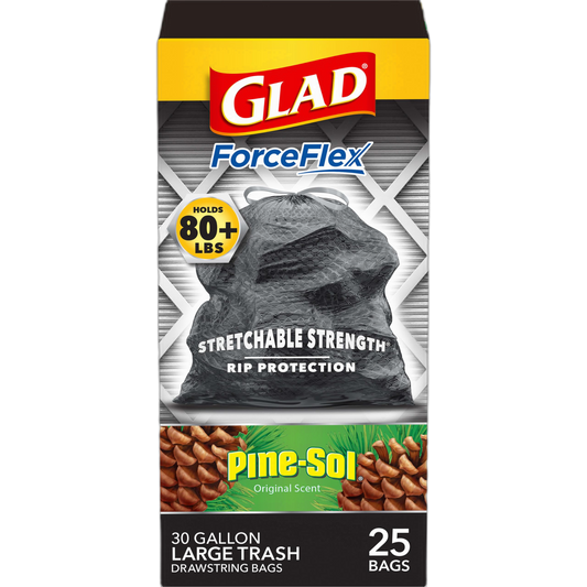 Glad Trash Bags, ForceFlex Drawstring Large Garbage Bags, 30 Gal, Pine-Sol Original Scent, 25 Ct, Pack May Vary