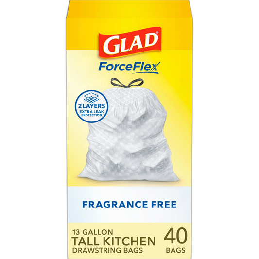 Glad Tall Kitchen Trash Bags 13 Gallon, Fragrance Free Garbage Bags, Odorshield with Drawstring, 40 Count