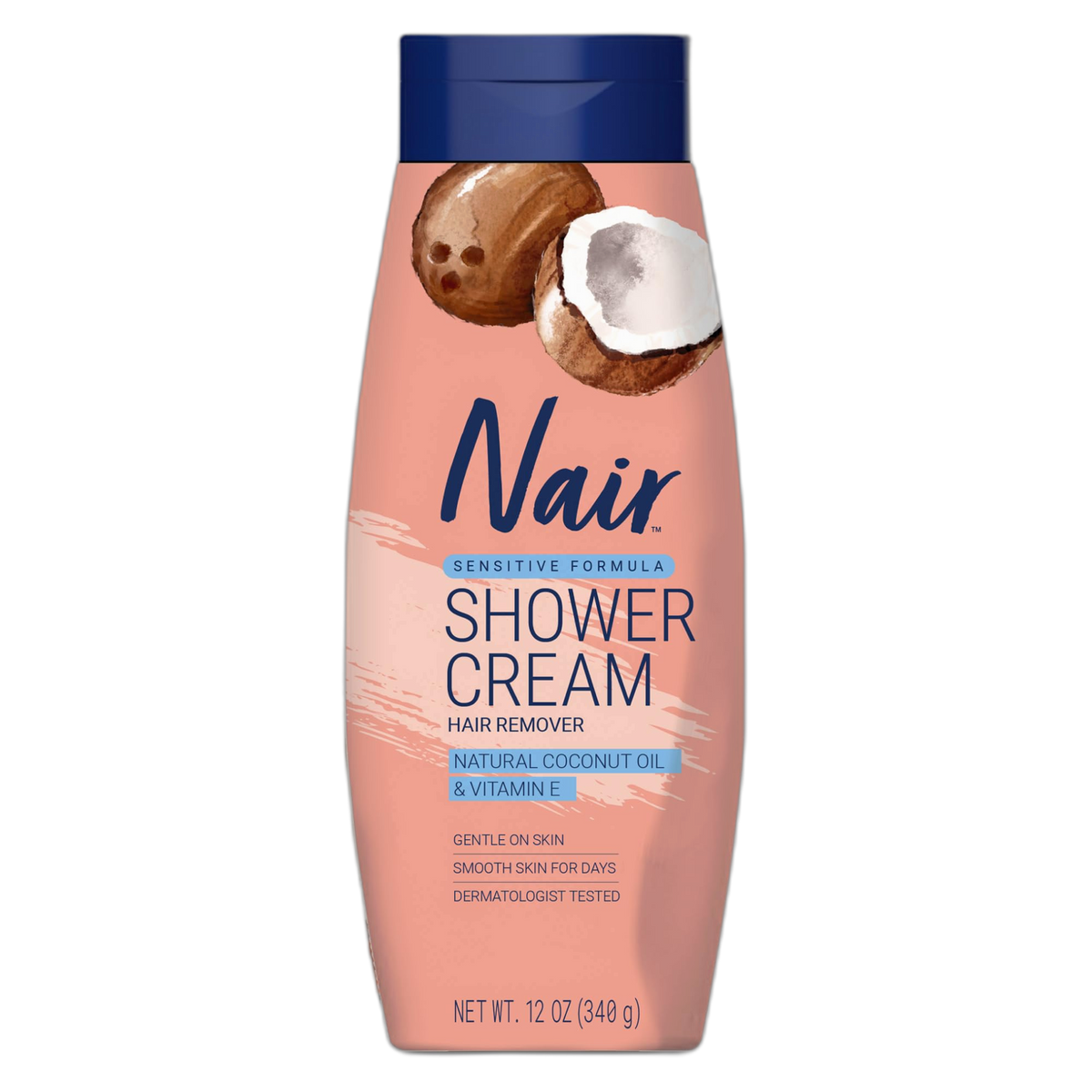 Nair Sensitive Shower Cream Hair Remover with Natural Coconut Oil and Vitamin E, Body Hair Removal Cream, 12 oz