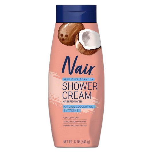 Nair Sensitive Shower Cream Hair Remover with Natural Coconut Oil and Vitamin E, Body Hair Removal Cream, 12 oz