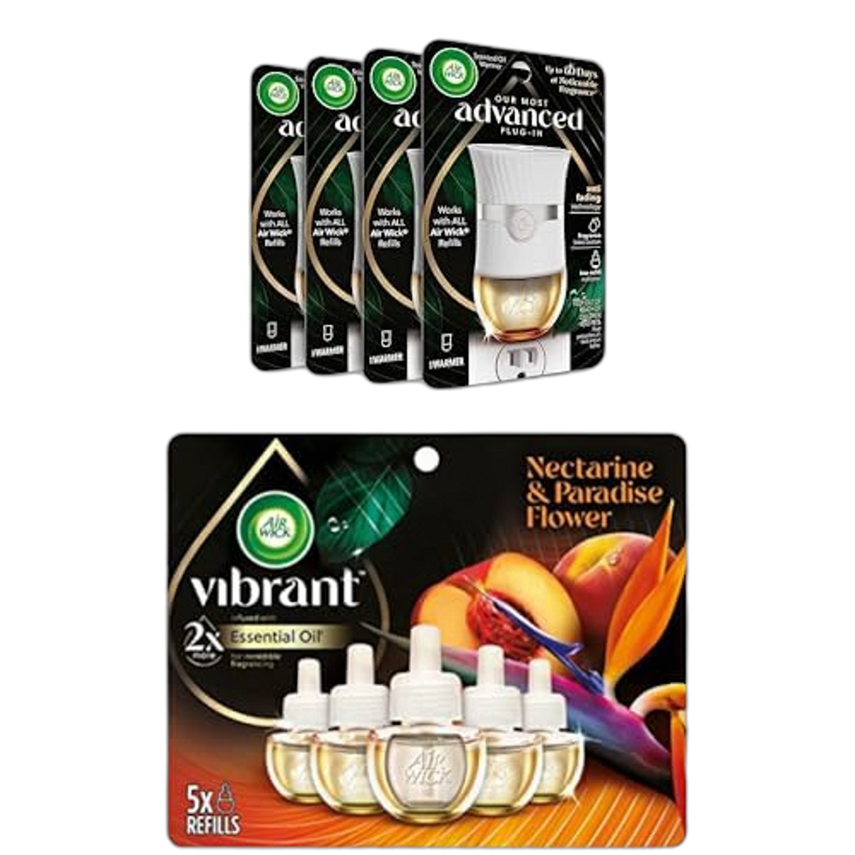 Bundle of Air Wick Advanced Plug In Scented Oil Warmer, Advanced Gadget (Pack of 4, Gadget Only, Refills Sold Separately) + Vibrant Plug in Scented Oil Refill, 5ct, Nectarine & Paradise Flower