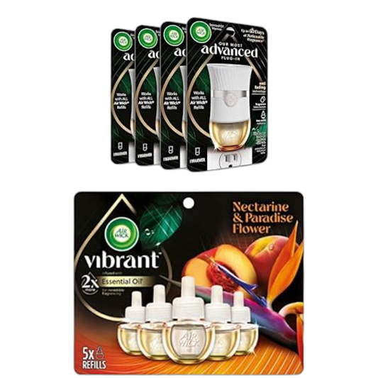 Bundle of Air Wick Advanced Plug In Scented Oil Warmer, Advanced Gadget (Pack of 4, Gadget Only, Refills Sold Separately) + Vibrant Plug in Scented Oil Refill, 5ct, Nectarine & Paradise Flower