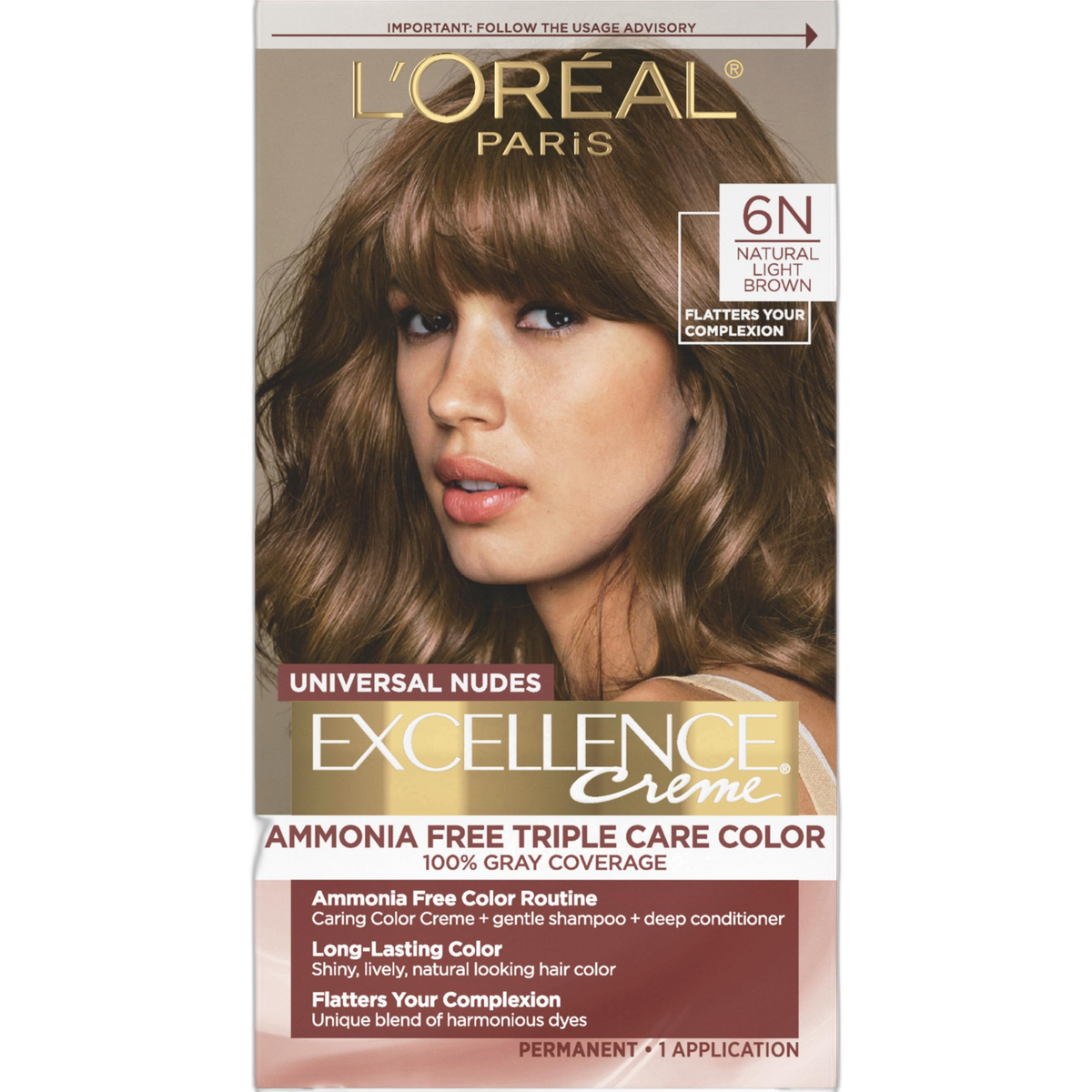L’Oreal Paris Excellence Universal Nudes Permanent Hair Color, Ammonia Free Hair Dye for Gray Hair Coverage, 6N Natural Light Brown, 1 Hair Dye Kit