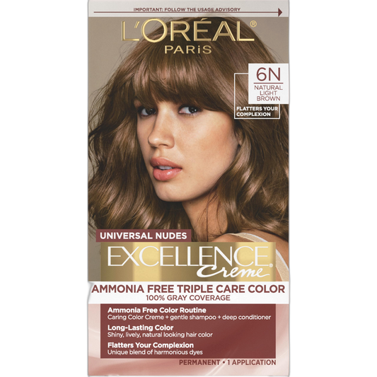 L’Oreal Paris Excellence Universal Nudes Permanent Hair Color, Ammonia Free Hair Dye for Gray Hair Coverage, 6N Natural Light Brown, 1 Hair Dye Kit