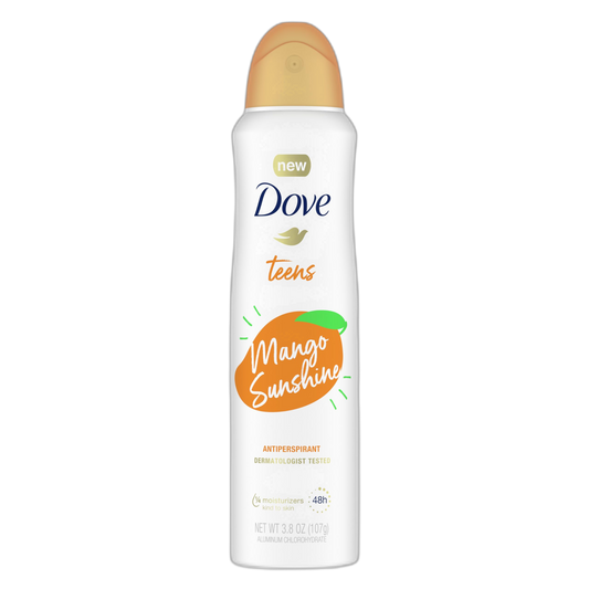 Dove Teens Dry Spray Antiperspirant Deodorant Mango Sunshine, for gentle underarm care, 48-hour underarm sweat protection, 3.8 oz