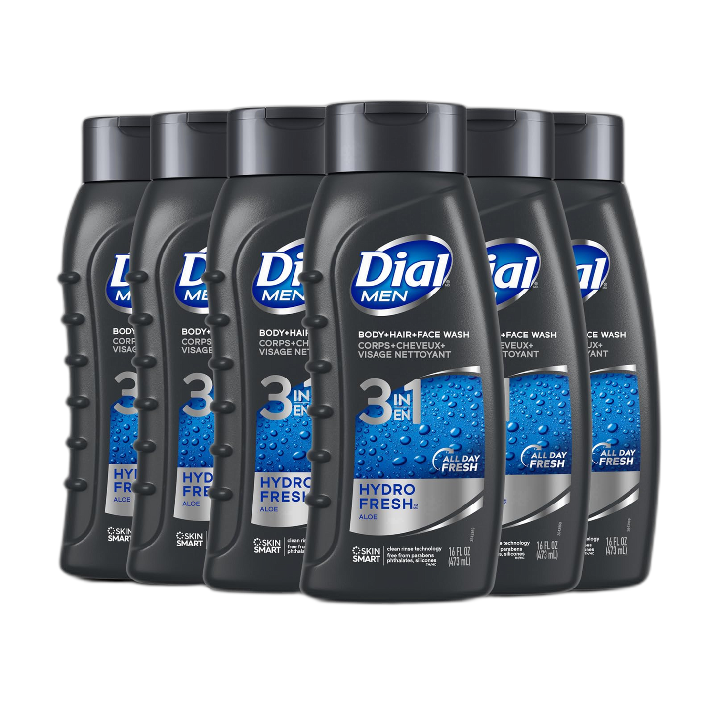 Dial Men 3in1 Body, Hair and Face Wash, Hydro Fresh, 16 fl oz, Pack of 6