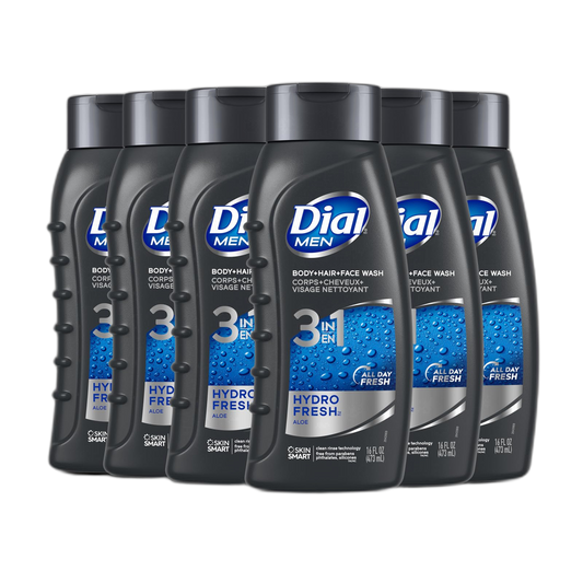 Dial Men 3in1 Body, Hair and Face Wash, Hydro Fresh, 16 fl oz, Pack of 6