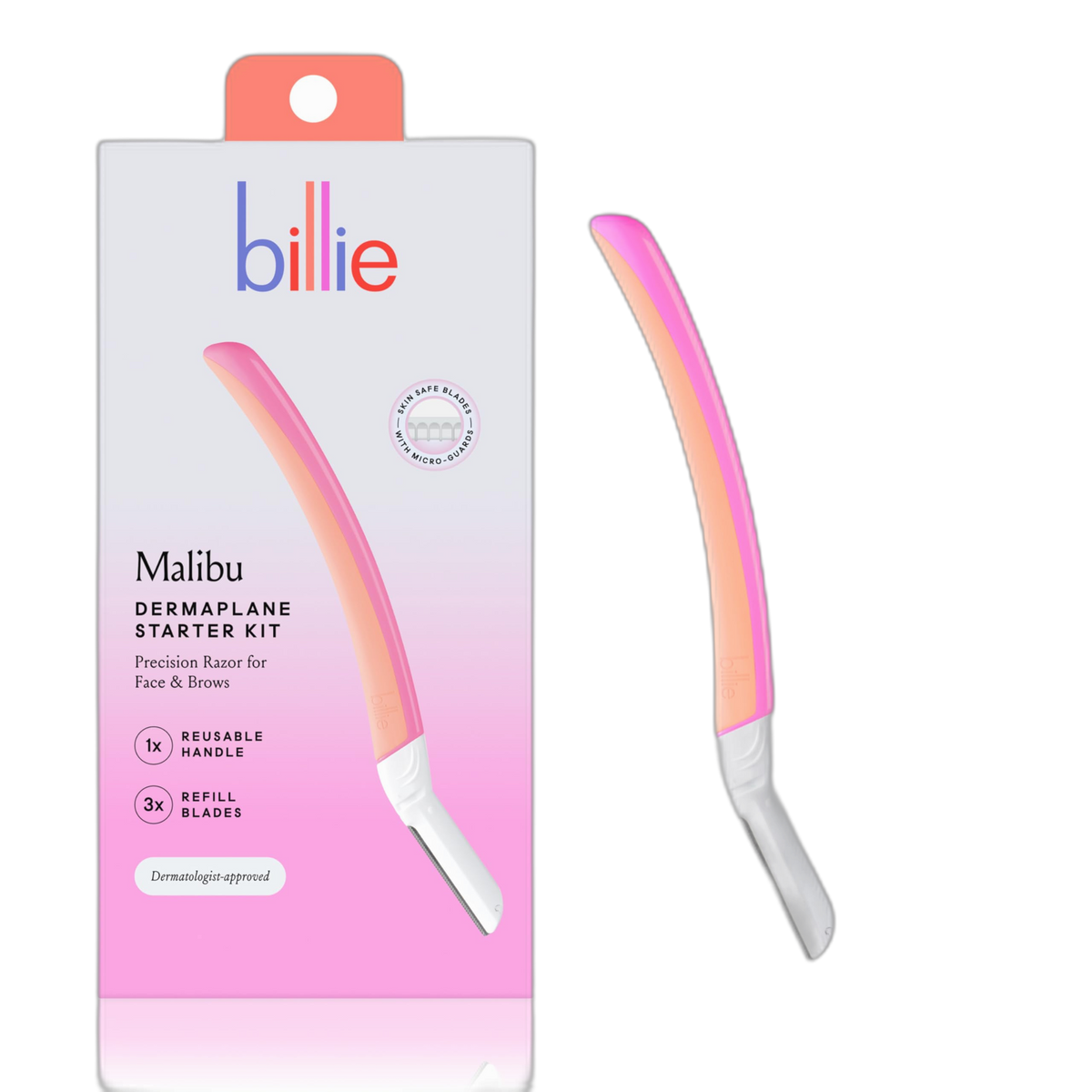 Billie - Dermaplane Starter Kit - Reusable Handle + 3 Refill Blades - Remove Facial Hair + Perfectly Shape Brows - Dermatologist-Approved - Malibu