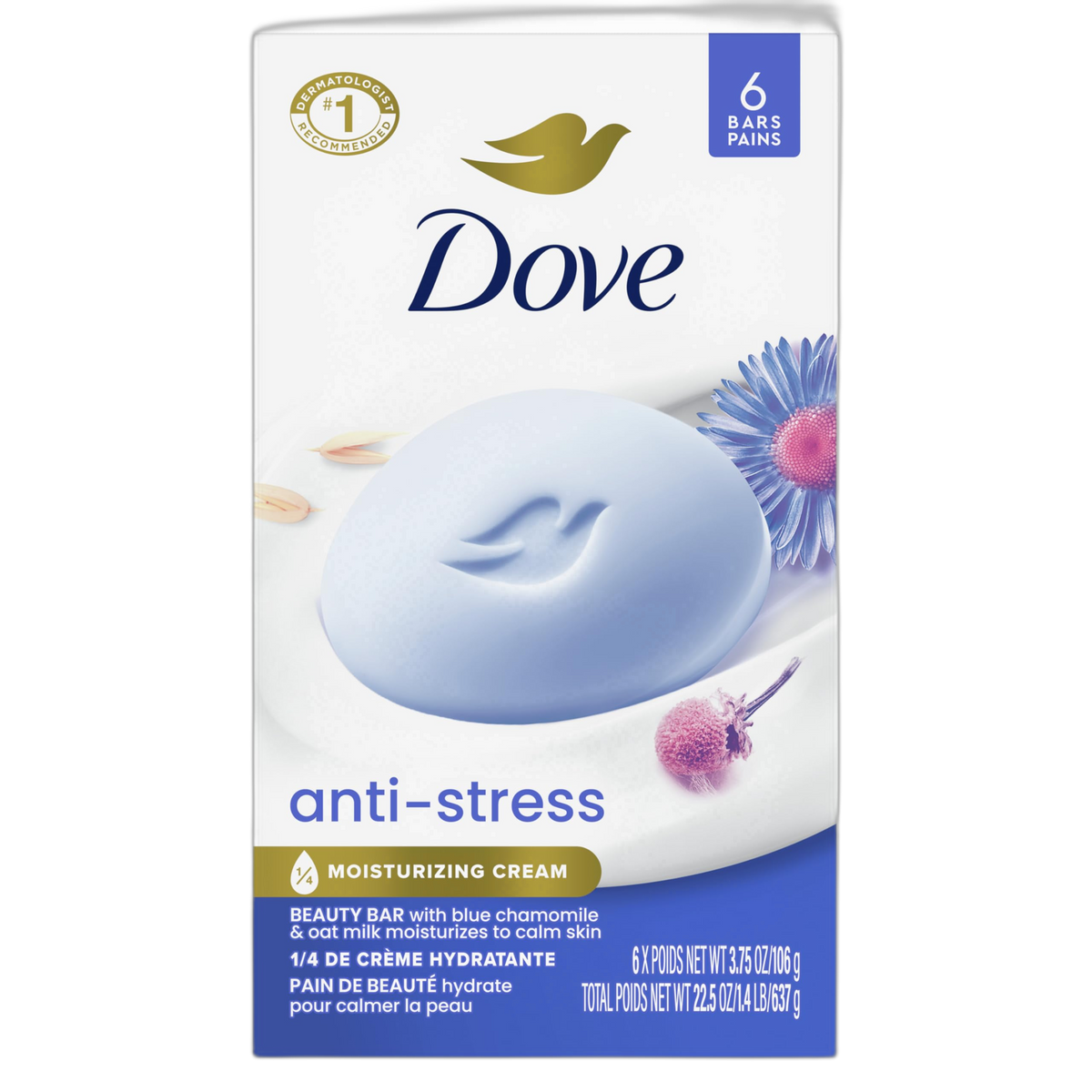 Dove Anti-Stress Blue Chamomile And Oat Milk Moisturizes to Calm Skin Soap 106g Pack Of 6